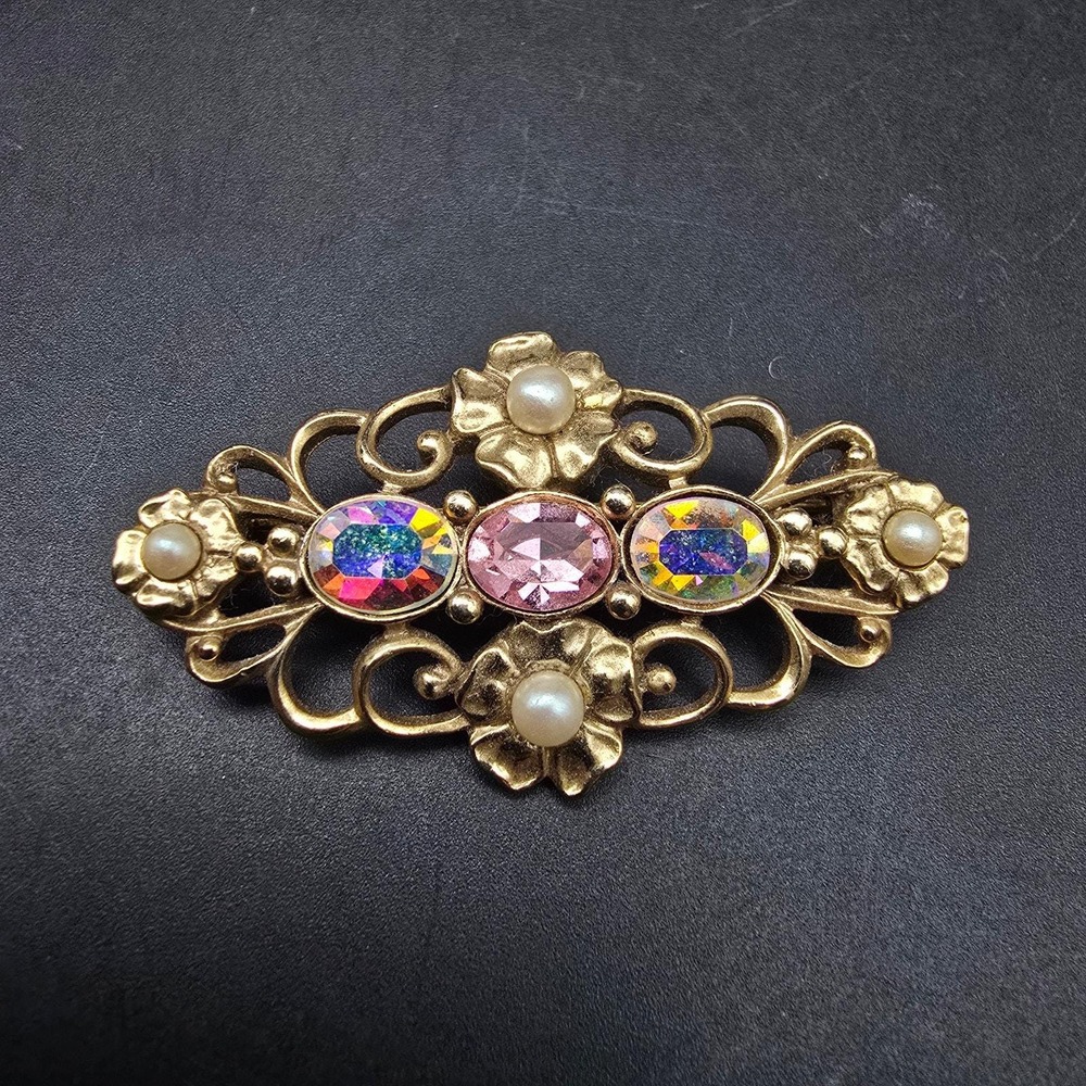 1928 Brand Brooch Gold Tone Filigree Rhinestone Faux Pearl
